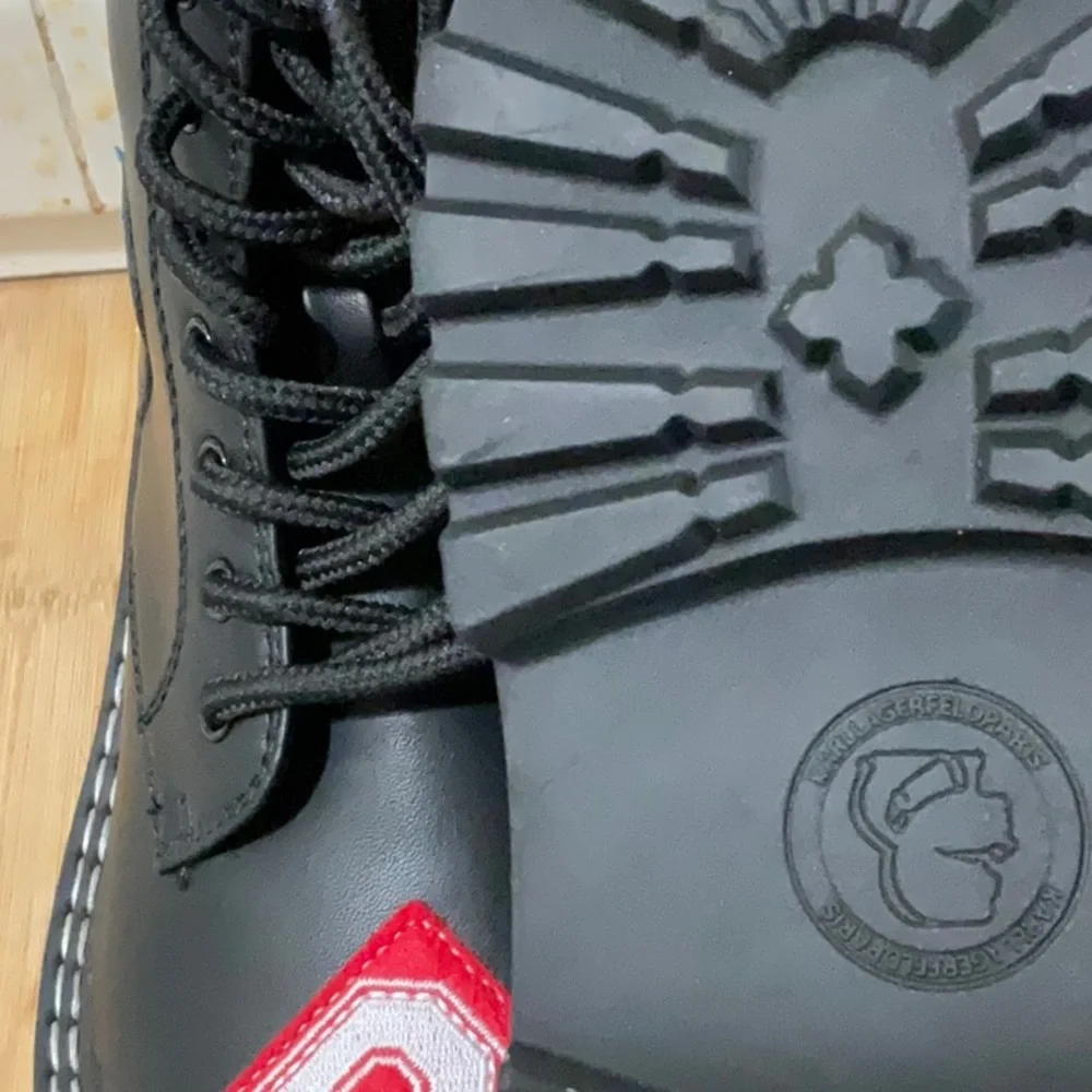 Karl Lagerfeld Black Combat Boots with Red Accents - Picture 11 of 11